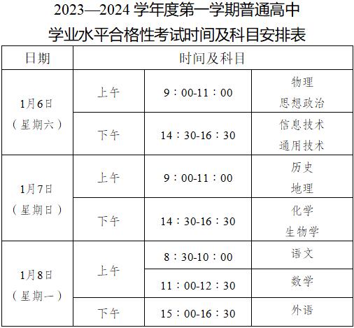重庆2023—2024学年高中学业水平考试时间及科目安排